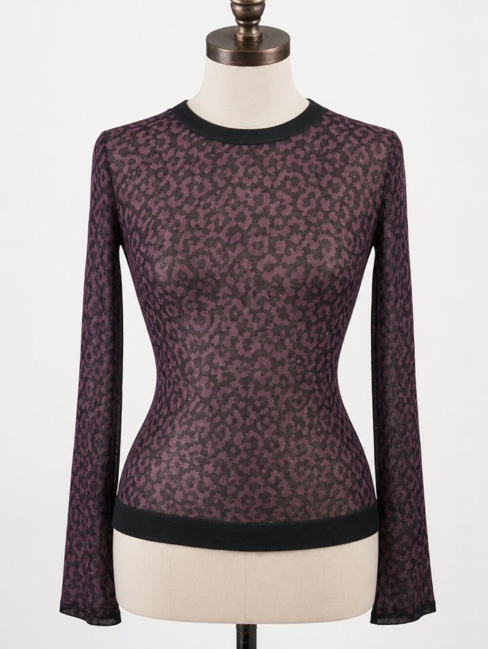 LOFT Plum Black Animal Print Lightweight Sweater • Semi Sheer Crewneck • SMALL
